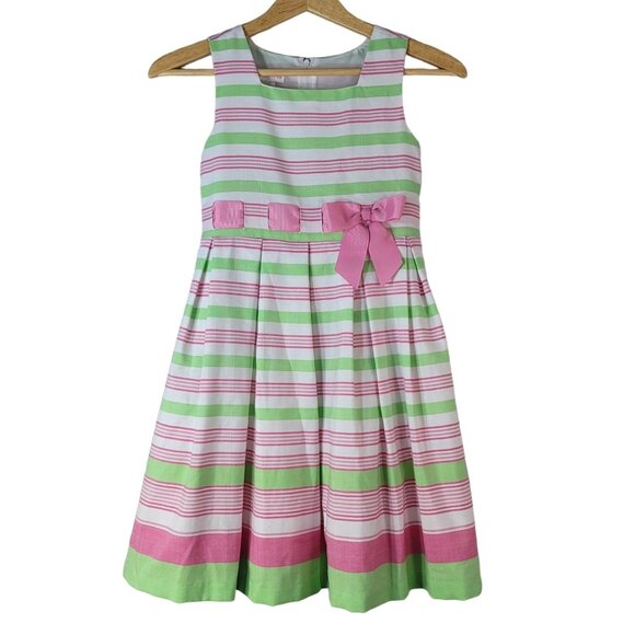 Bonnie Jean Girls Stripe Dress Pink Green SZ 10 Zip Wide Pleat Sleeveless Easter - Picture 1 of 8